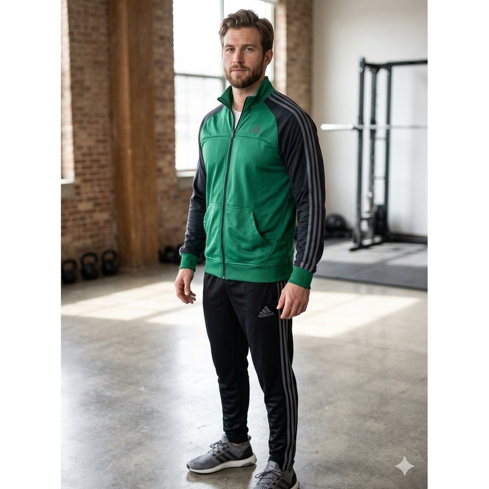 Adidas Mens Green Black Full Zip Track Jacket Three Stripe Logo Size Medium